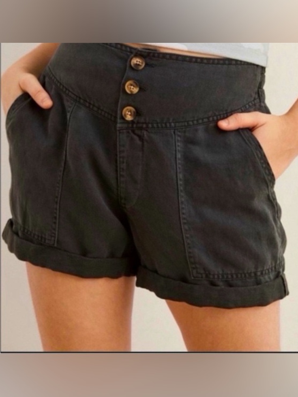 Aerie Women's Dark Grey Charcoal High Waisted Button Linen Summer Boho Shorts M